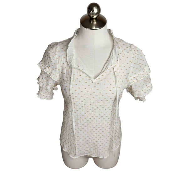 Flower & Feather Swiss Dot Ruffle Top Womens Medium White Tan‎ - Picture 1 of 11